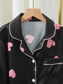 Girls Taffeta Fabric Heart Print Trim Cardigan & Pants 2pcs Pajama Set For Teenagers - Multicolor - View 3