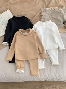 SHEIN LMoss Kids 6 件套女婴可爱高领纯色长袖上衣和松紧腰长裤，秋冬 - 彩色 - 查看 9