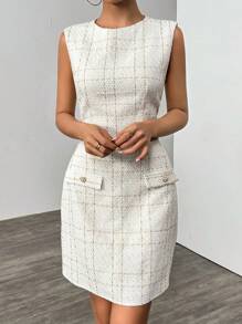 Chiquease 法式优雅粗花呢短款上衣和迷你裙 2 件套女士商务套装，春/秋/冬 - 米色 - 查看 6