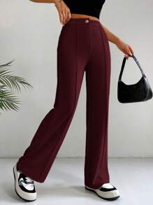 SHEIN EZwear 纯色高腰接缝细节黑色裤子 - 酒紅色 - 查看 3