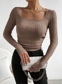 SHEIN EZwear 女式休闲纯色罗纹修身褶皱长袖 T 恤，秋季 - 卡其色 - 查看 3