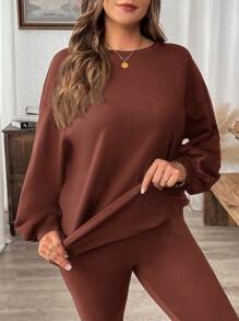 SHEIN LUNE 2 件大码纯色圆领长袖上衣和紧身及踝长裤套装冬季服装 - 棕色 - 查看 6