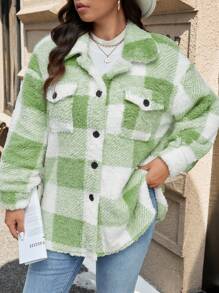 SHEIN LUNE Áo khoác nữ cỡ lớn tay dài kẻ caro có túi, dáng rộng, bồng bềnh, màu xanh lá cây, thích hợp cho mùa thu/đông, giữ ấm mùa lễ hội. - màu xanh lá - Xem 5