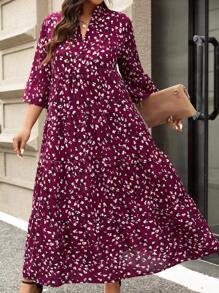 SHEIN LUNE 大码女式全身印花缺口领喇叭袖荷叶边下摆长款优雅连衣裙秋季节日装节日派对连衣裙 - 酒紅色 - 查看 3