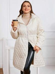 SHEIN Clasi Plus Size Women Solid Color Zip Up Casual Padded Coat, Winter