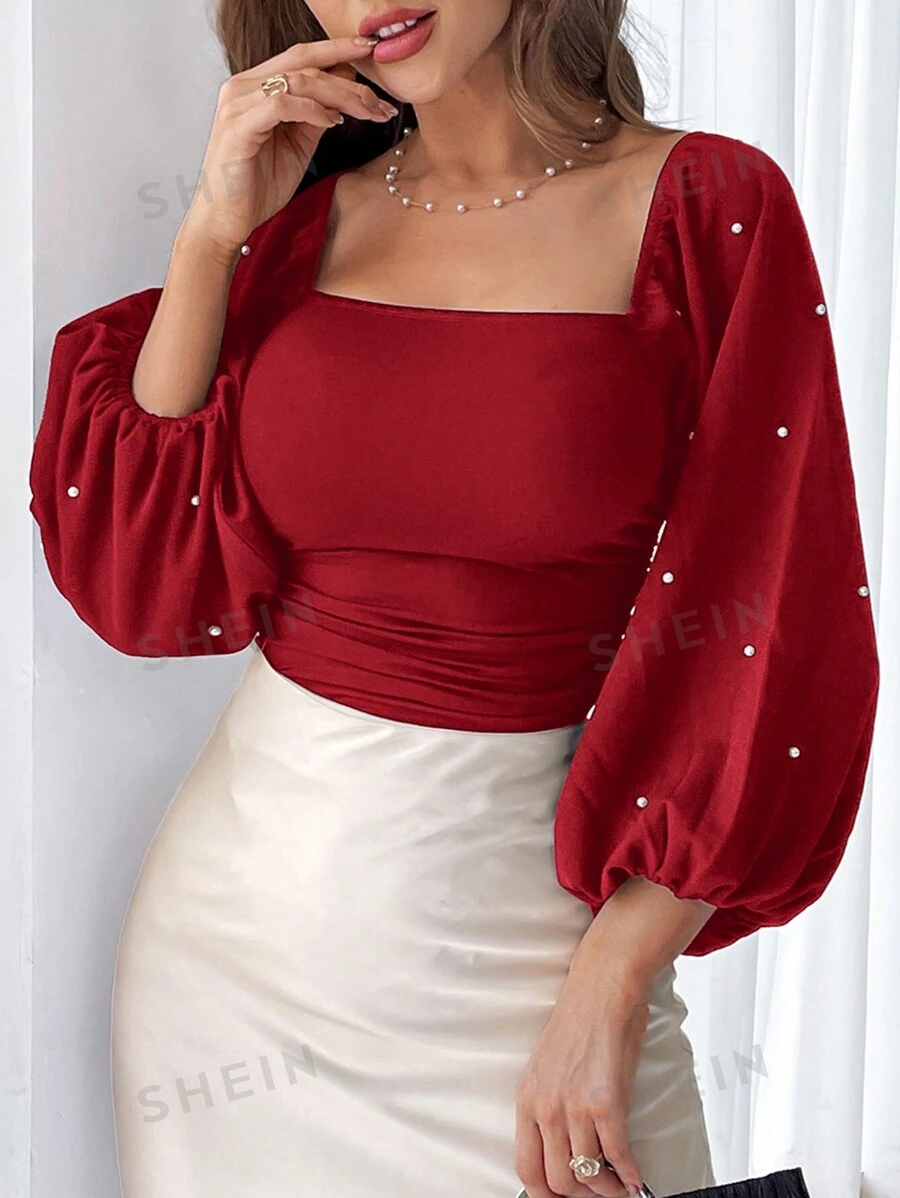 SHEIN Privé Camiseta de mujer con mangas de linterna, cintura fruncida y decoración de cuentas, elegante, para el otoño - Burdeos - Ver 1