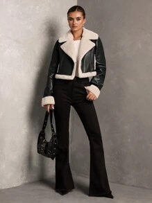 SHEIN BAE Áo khoác dài tay chắp vá mềm mại cho nữ, trang phục thường ngày mùa đông, quần áo mùa đông cho nữ, áo khoác mùa đông cho nữ, trang phục mùa thu cho nữ, áo khoác da cho nữ, áo khoác lông cừu lót da màu nâu, áo khoác lông liền thân, dày, ấm, thân thiện với da và mềm mại, phù hợp cho mùa thu và đông - màu đen - Xem 2