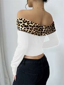 SHEIN Unity Sexy Leopard Print Contrast Off Shoulder Women Top - White - View 2