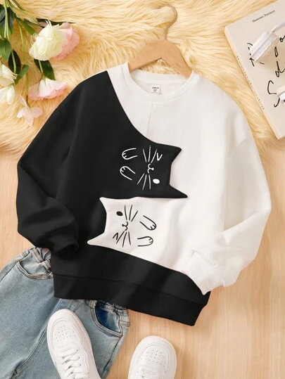 Tween 女童宽松休闲拼色猫咪图案圆领套头长袖运动衫
