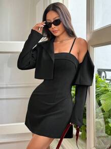 Muchica Women's Casual Solid Short Outwear Jacket With Strap Dress Set, For Autumn - Black - View 4