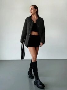 Aloruh Damska pikowana kurtka parka w kratę, luźny oversize'owy zielony kontrastowy płaszcz ocieplany, ciepły na jesień/zimę