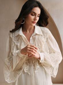 Anewsta 圣诞法式蕾丝荷叶边珍珠缀饰灯笼袖雪纺衬衫，米色/象牙色女式衬衫