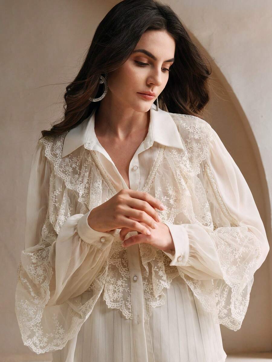 Anewsta 圣诞法式蕾丝荷叶边珍珠缀饰灯笼袖雪纺衬衫，米色/象牙色女式衬衫