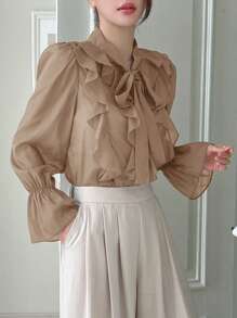DAZY 女士纯色领带蝴蝶结荷叶边袖口长袖衬衫 - 駝色 - 查看 3