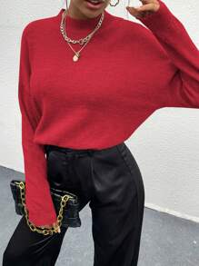 SHEIN Unity 女士宽松针织毛衣，休闲套头衫，纯色毛衣，新年秋冬款 - 紅色 - 查看 4