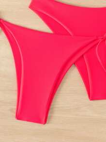 Swim Basics 2025 Summer Beach 3pcs/Set Women Solid Color Halter Backless Tied Crop Top + Knotted Tri-Strap Triangle Bikini Bottom - Red - View 5