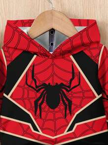 SHEIN Baby Boy Casual Minimalist Loose Comfortable Knit Soft -Style Spider Graphic Print Hoodie And Pants Set, Suitable For Autumn/Winter