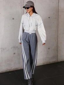 Hanevo 女士休闲侧条纹印花贴片松紧腰裤