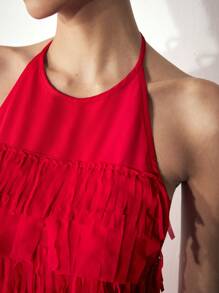 Maija Women's Red Solid Color Halter Backless Tassel Sexy Party Dress, Elegant For Christmas, Holiday Party, Festival - Red - View 3