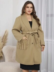 Mulvari Plus Size Mid-Length Color Block Fluffy Pocket Coat