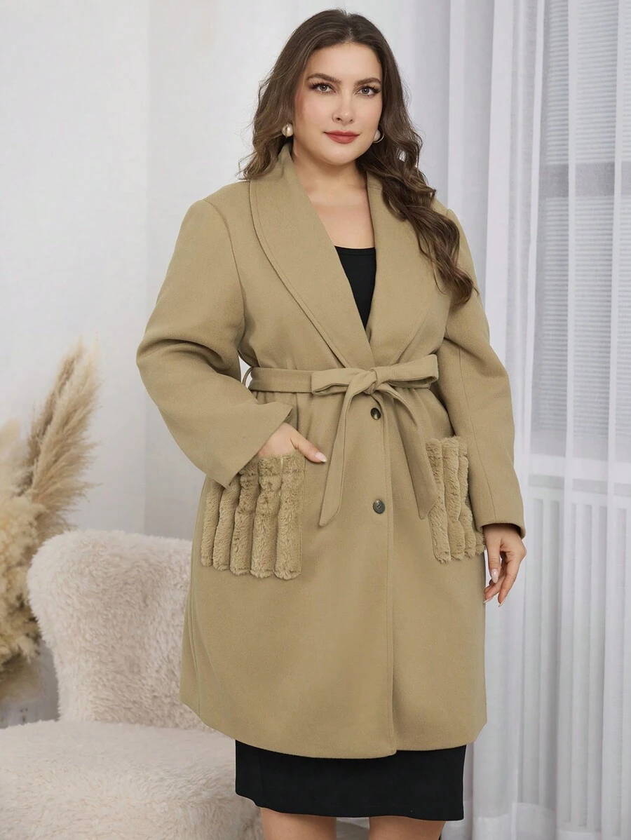 Mulvari Plus Size Mid-Length Color Block Fluffy Pocket Coat