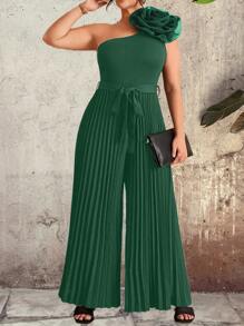 Celure 大码女式优雅纯色褶皱花卉装饰不对称肩带环连体裤，时尚设计