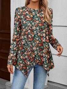 EMERY ROSE 女式休闲碎花不对称下摆 T 恤，秋季 - 彩色 - 查看 6