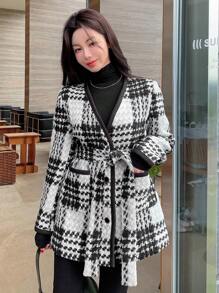 DAZY 1 pezzo Giacca semplice con tasche e maniche lunghe con laccio frontale per donna, abbigliamento casual quotidiano, cappotto a quadri per donna in autunno - Grigio - Visualizzare 7