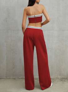 Chiquease 女士条纹印花抹胸上衣和裤子 2 件套休闲套装新年服装 - 紅色 - 查看 2