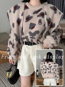 SHEIN X Angie Costa Chiquease Damen Leoparden Muster strukturierter Schal Pullover, Lässig für Herbst und Winter