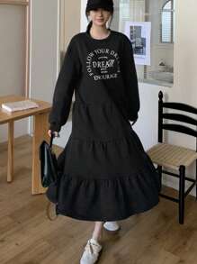 DAZY Váy dài tay in họa tiết khẩu hiệu thường ngày cho nữ, mùa thu, mùa thu dành cho nữ - màu đen - Xem 4