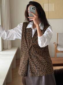 DAZY Áo thun nữ không tay cài nút phía trước họa tiết da báo tối giản thường ngày, trang phục mùa thu, trang phục công sở trở lại trường - Cà phê nâu - Xem 6