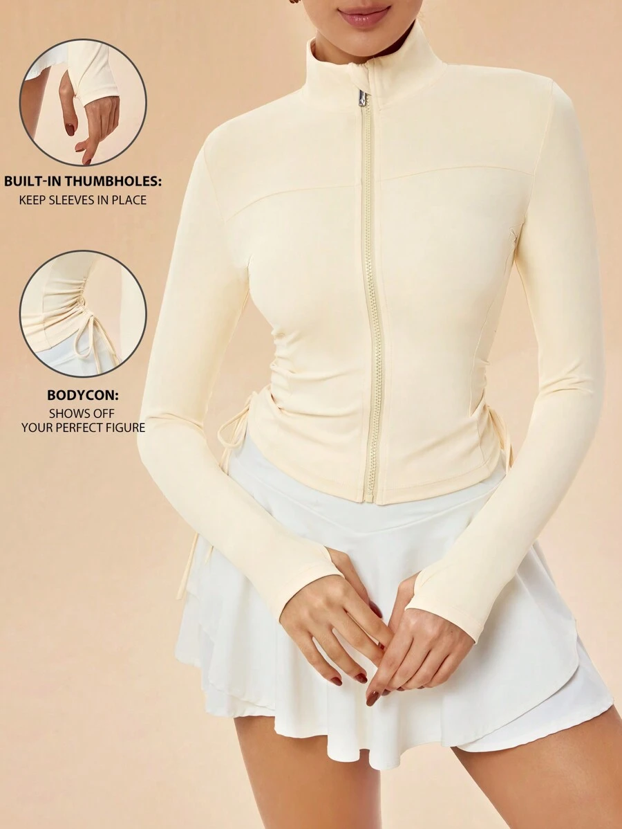 SHEIN Sports Women Solid Color Long Sleeve Zip-Up Fitted Athletic Jacket - Apricot - View 1