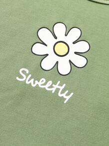 女婴花卉和字母印花长袖 T 恤和松紧腰直筒牛仔裤套装，春/秋