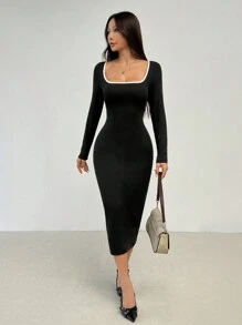 SHEIN PETITE Đầm ôm body cổ vuông tay dài màu đen trắng đơn giản thanh lịch dành cho nữ khi đi làm - màu đen - Xem 5