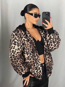 SHEIN ICON Oversized Leopard Print Patchwork Hooded Padded Coat - Brown - View 5