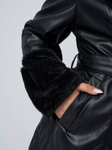 SHEIN EZwear Áo khoác cổ lông PU màu trơn cỡ lớn thường ngày, mùa thu/đông - màu đen - Xem 8