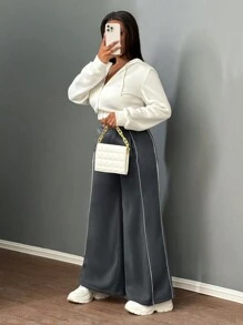 Slaydiva Quần ống rộng đơn giản, giản dị, thể thao màu khối đơn giản dành cho nữ - Xám - Xem 6