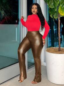 Slaydiva Quần da đen bó sát thanh lịch gợi cảm cỡ lớn xẻ tà buộc dây, mùa thu/đông - màu nâu - Xem 5