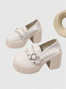 ROMWE Kawaii 甜美酷炫厚底牛津鞋，高跟，洛丽塔风格，心形扣和花卉装饰，学生玛丽珍鞋 - 白色 - 查看 4