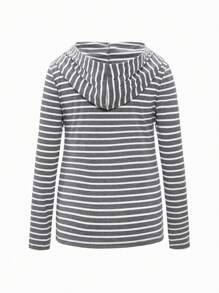 SHEIN Maternity 2pcs Women Fitted Striped Hooded Long Sleeve Tops, Nursing