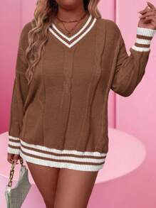 SHEIN LUNE 大码女式撞色条纹V领长袖休闲套头毛衣，秋冬针织套头衫 - 鏽棕色 - 查看 3