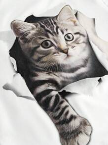 SHEIN Girlism 少女合身白猫印花图案长袖圆领 T 恤，可爱 Y2K 返校风格 - 白色 - 查看 5