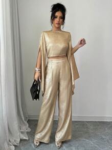 Chiquease 女士花式鸡尾酒会俱乐部郊游圣诞新年假期优雅闪亮金色亮片圆领喇叭袖短款上衣 + 直筒裤口袋 2 件套新年假期派对服装 - 金色 - 查看 5