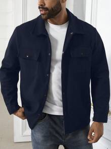 Manfinity Homme Plus Size Men's Solid Color Long Sleeve Single Breasted Utility Pocket Casual Jacket For Autumn/Winter