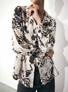 Maija 女士休闲衬衫领扣式长袖印花衬衫，简约时尚百搭，适合日常穿着，早春 - 黑色 - 查看 6