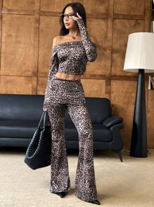 SHEIN EZwear Women's Leopard Print Off Shoulder Long Sleeve Top And Pants 2 Pieces Set - Black - View 6