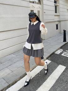 Flirla Preppy Style Campus Return Minimalist Matching Gray With White Patchwork Long Sleeve Shirt, Autumn/Winter - Grey - View 6