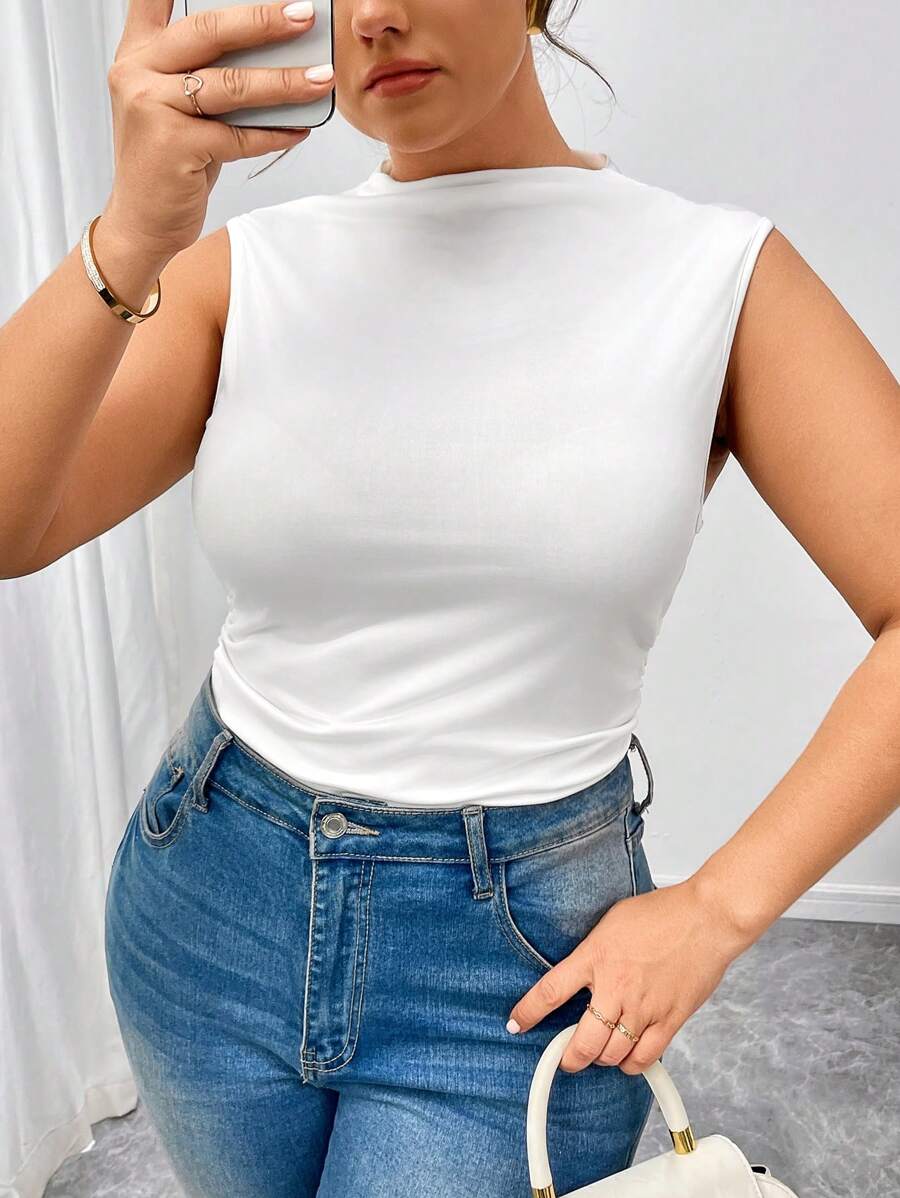 SHEIN Privé Plus Size Elegant Mock Neck Ruched Fitted Tank Top - Multicolor - View 1