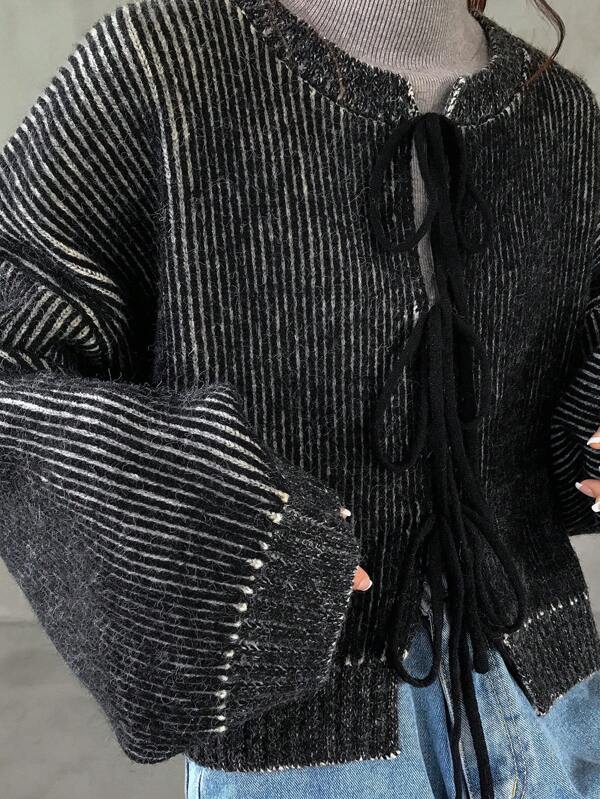 FRIFUL Women Casual Front Tie Loose Drop Shoulder Open Cardigan, Suitable For Autumn And Winter,Long Sleeve Tops